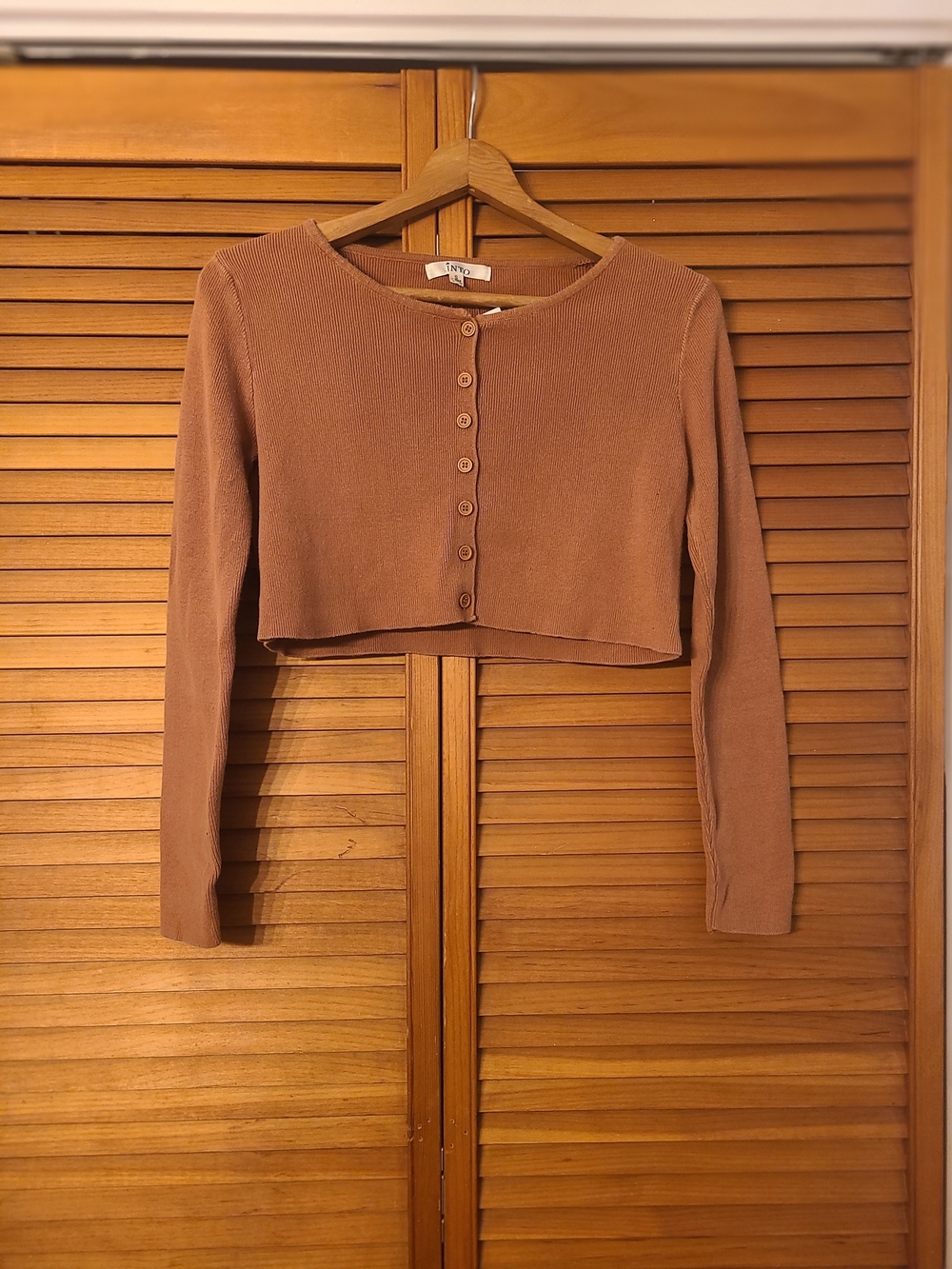 Aerie Cropped Button-Front Long Sleeve Top in Brown